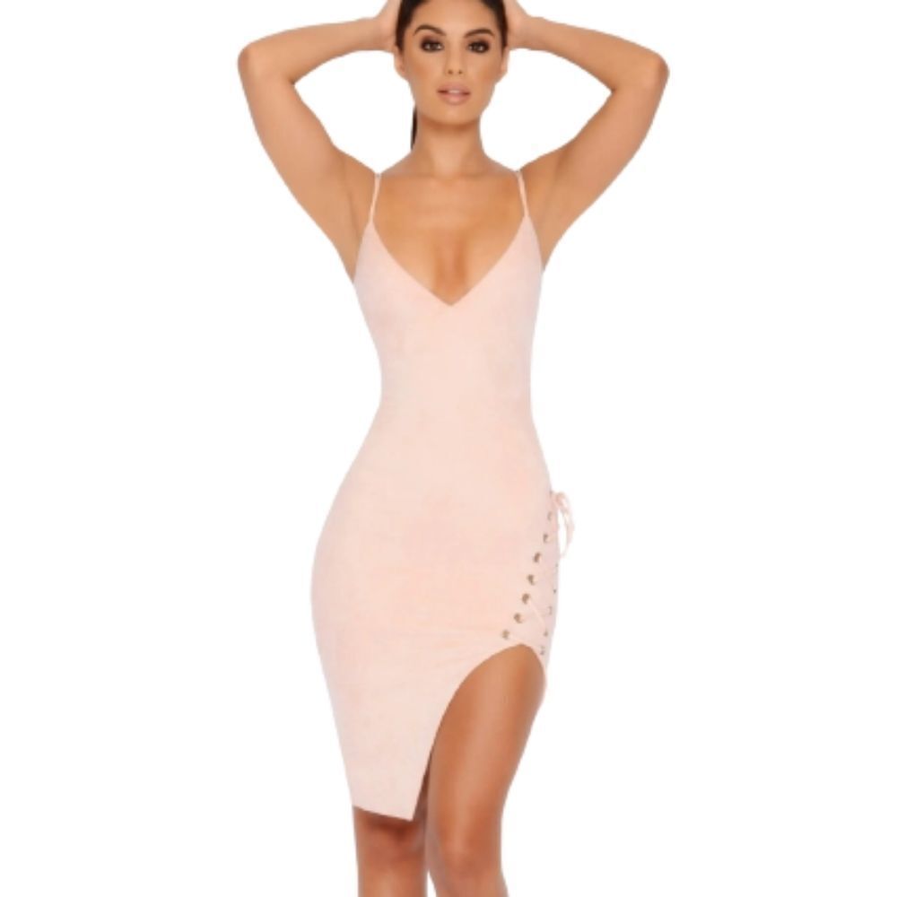 OH POLLY Pink Lace-Up Side-Slit Bodycon Dress Size 4